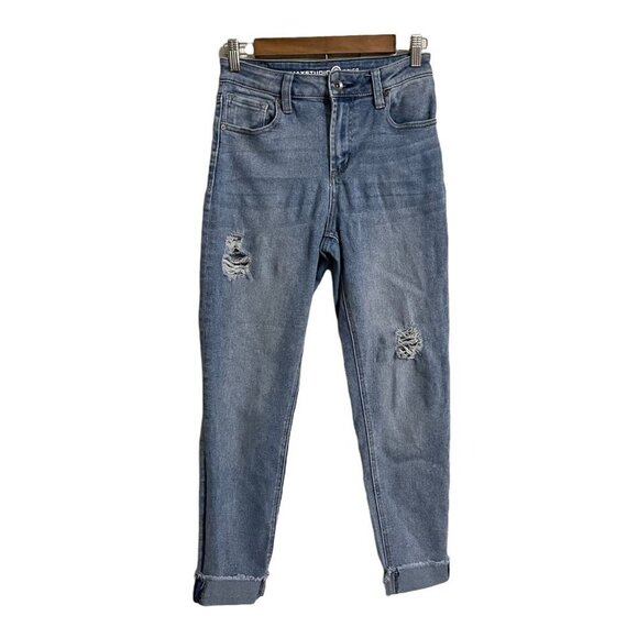 Max Studio Womens Medium Wash High Rise Distressed Cuff Cropped Tapered Jeans 6 - Picture 1 of 10